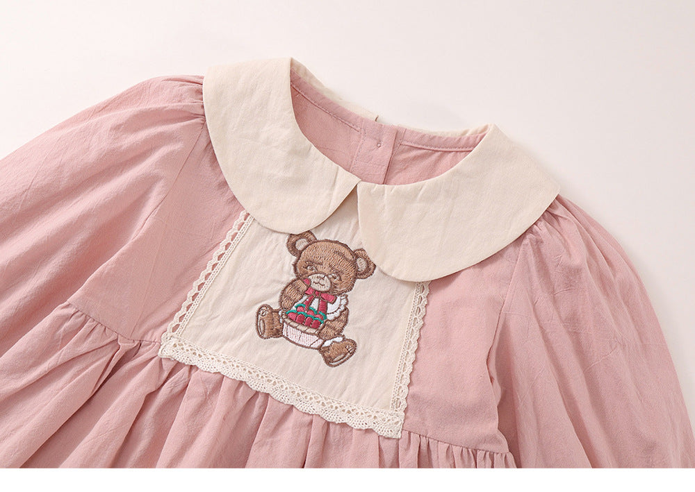 Pre sale Girl Pink French-Style Bear Embroidery Dress