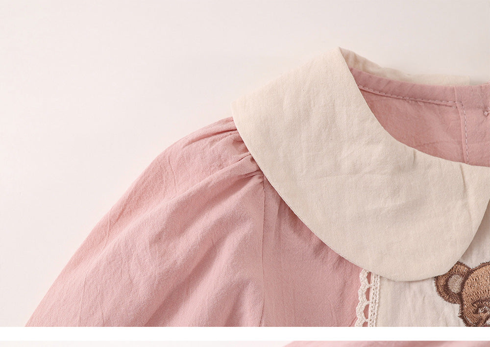 Pre sale Girl Pink French-Style Bear Embroidery Dress