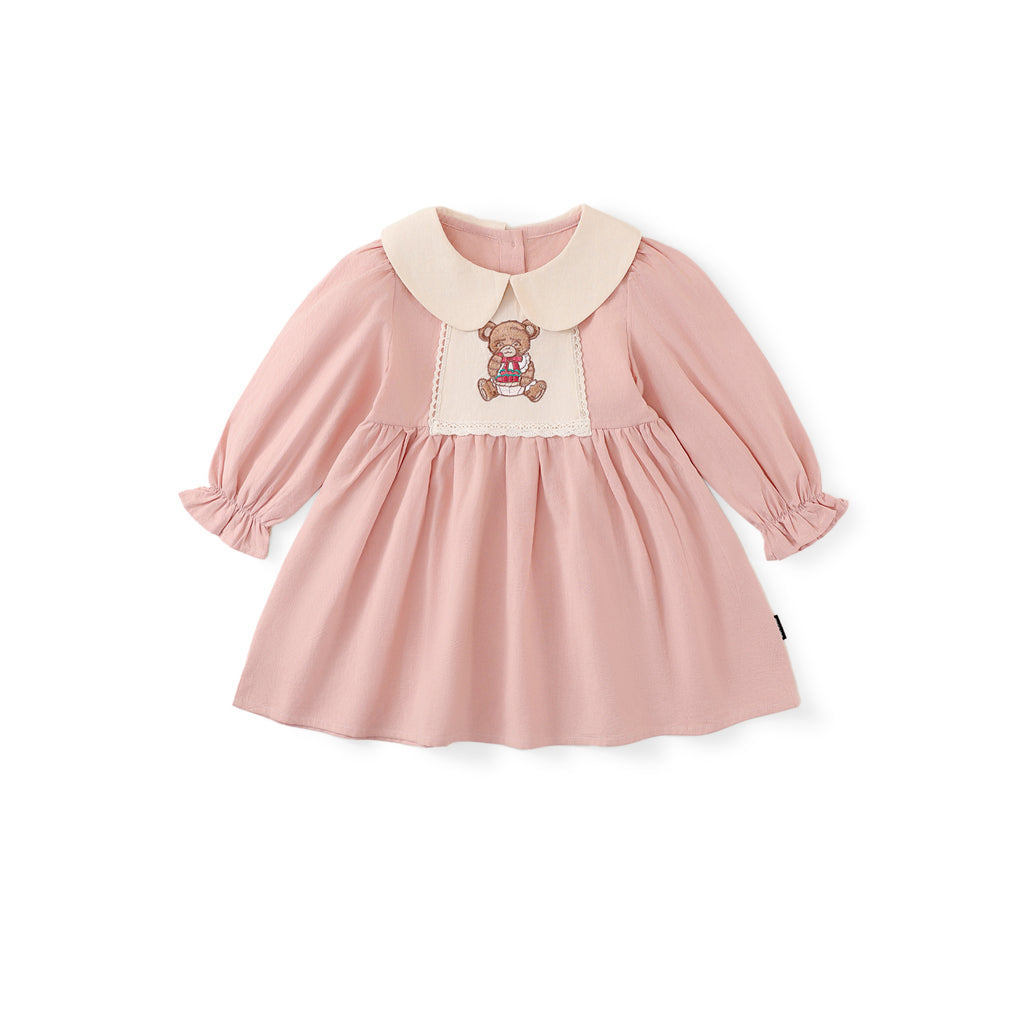 Pre sale Girl Pink French-Style Bear Embroidery Dress